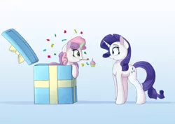 Size: 1977x1396 | Tagged: safe, artist:vanillaghosties, derpibooru import, rarity, sweetie belle, pony, unicorn, birthday candles, bow, box, candle, confetti, cupcake, cute, diasweetes, female, filly, food, gradient background, magic, mare, party horn, pony in a box, present, smiling, surprised, telekinesis, unexpected