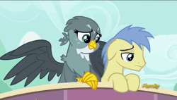 Size: 848x480 | Tagged: safe, derpibooru import, screencap, gabby, goldengrape, sir colton vines iii, gryphon, the fault in our cutie marks, animated, comforting, cute, gabbybetes, gif, happy, hug, looking down, looking up, sad, shipping fuel, smiling, winghug