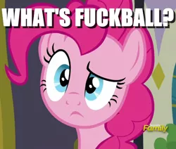 Size: 560x474 | Tagged: buckball season, derpibooru import, edit, edited screencap, frown, image macro, meme, misinterpretation, pinkie pie, question, safe, screencap, solo, vulgar