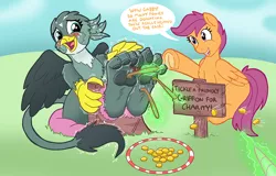 Size: 1000x640 | Tagged: suggestive, artist:caroo, derpibooru import, gabby, scootaloo, gryphon, the fault in our cutie marks, bondage, claws, feet, fetish, foot fetish, missing cutie mark, pads, paw fetish, paws, speech bubble, tickle fetish, tickle torture, tickling