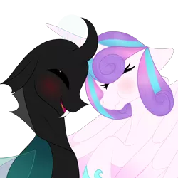 Size: 3150x3150 | Tagged: artist:mlpchannelire02, blushing, changeling, derpibooru import, eyes closed, floppy ears, flurrax, happy, male, older, princess flurry heart, safe, scrunchy face, shipping, smiling, straight, the times they are a changeling, thorax