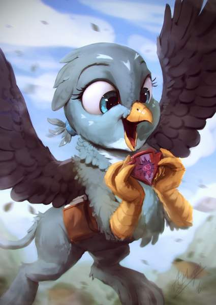 Size: 850x1200 | Tagged: safe, artist:assasinmonkey, derpibooru import, gabby, gryphon, the fault in our cutie marks, badge, bag, beak, cute, excited, female, gabbybetes, happy, holding, image, open beak, open mouth, png, signature, smiling, solo, spread wings, wings