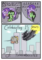 Size: 1000x1414 | Tagged: semi-grimdark, artist:happy harvey, derpibooru import, twilight sparkle, twilight sparkle (alicorn), oc, oc:anon, oc:anonfilly, alicorn, earth pony, pony, 9/11, 9/11 joke, aircraft, argument, city, cityscape, cloud, cockpit, colored, comic, crash, crying, dark comedy, dialogue, downvote bait, drawn on phone, explosion, female, filly, historical revisionism, hug, implied death, never forget, plane, remember, rule 63, scared, screaming, sitting, smoke, twin towers, we are going to hell, world trade center