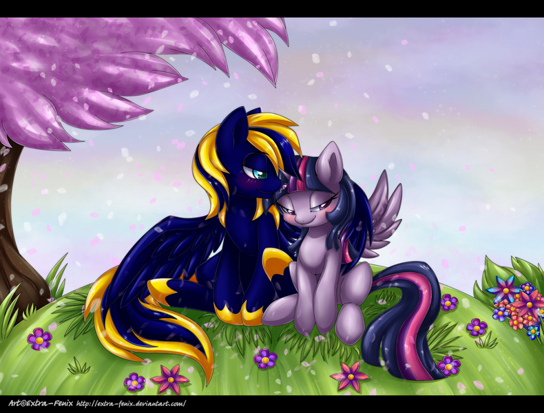 Size: 1970x1497 | Tagged: safe, artist:extra-fenix, derpibooru import, twilight sparkle, twilight sparkle (alicorn), oc, oc:zephyr, alicorn, pony, canon x oc, male, shipping, sitting, straight, twiphyr