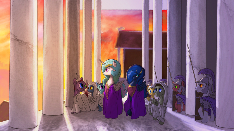 Size: 2870x1614 | Tagged: artist:aaronmk, celestia worship, clothes, derpibooru import, hair over one eye, legionary, priest, princess celestia, princess luna, roman, safe, soldier, toga