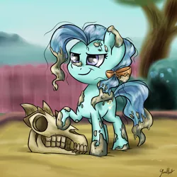Size: 3024x3024 | Tagged: safe, artist:gaelledragons, derpibooru import, petunia paleo, earth pony, pony, the fault in our cutie marks, bone, dirty, female, filly, fossil, messy mane, outdoors, sand, sandbox, signature, skull, smiling, smirk, solo, spiny back ponysaurus