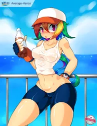 Size: 1244x1600 | Tagged: abs, artist:average-hanzo, breasts, cameltoe, cap, clothes, compression shorts, derpibooru import, hat, human, humanized, looking at you, rainbow dash, robin douglas, sexy, shorts, soda, suggestive, summer swirl, thighs, tomboy, wet, wet clothes, wet shirt