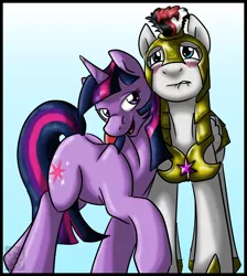 Size: 1686x1880 | Tagged: suggestive, artist:stormblaze-pegasus, derpibooru import, twilight sparkle, oc, oc:bridle timeout, pony, blushing, canon x oc, female, guardlight, guardsmare, lesbian, lip bite, mare, nuzzling, royal guard, shipping, teasing, trollight sparkle