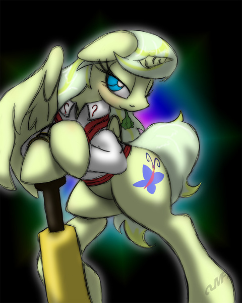 Size: 1200x1500 | Tagged: safe, artist:miniferu, derpibooru import, oc, oc:lizzy, unofficial characters only, alicorn, pony, alicorn oc, bedroom eyes, celery, cricket bat, doctor who, fifth doctor, mouth hold, solo