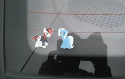 Size: 2560x1615 | Tagged: safe, derpibooru import, trixie, oc, oc:blackjack, pony, unicorn, fallout equestria, car, female, glass, hyundai, hyundai accent, irl, mare, merchandise, photo, russia, sticker