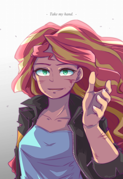 Size: 1000x1453 | Tagged: safe, artist:buryooooo, derpibooru import, sunset shimmer, equestria girls, friendship games, clothes, leather jacket, looking at you, open mouth, signature, solo, take my hand