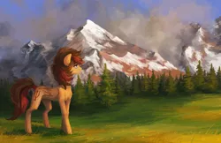 Size: 2235x1450 | Tagged: safe, artist:koviry, derpibooru import, oc, oc:keman, unofficial characters only, commission, field, forest, mountain, scenery, solo, walking