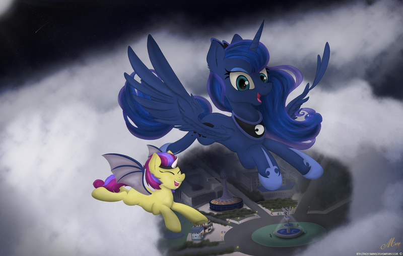 Size: 2732x1742 | Tagged: safe, artist:meze-diapason, derpibooru import, princess luna, oc, oc:ebony crescent, bat pony, bat pony oc, city, cloud, commission, duo, eyes closed, flying, full moon, happy, night sky, open mouth, scenery, shooting star, signature, stars