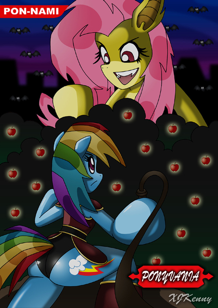 Size: 600x847 | Tagged: safe, artist:xjkenny, derpibooru import, fluttershy, rainbow dash, bat pony, pony, backwards cutie mark, castlevania, flutterbat, konami, whip