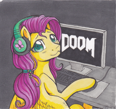 Size: 400x378 | Tagged: safe, artist:nothingspecialx9, derpibooru import, fluttershy, pegasus, pony, :3, colored pupils, computer, cute, doom, doom 2016, gamer, headphones, keyboard, looking at you, shyabetes, smiling, solo, this will end in tears