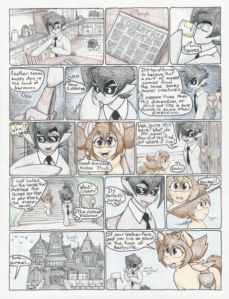 Size: 4976x6480 | Tagged: absurd resolution, artist:flicker-show, comic, comic:dark stranger, derpibooru import, krite, newspaper, oc, oc:flicker show, oc:jitter bug, saddle bag, safe, sunglasses, traditional art, unofficial characters only