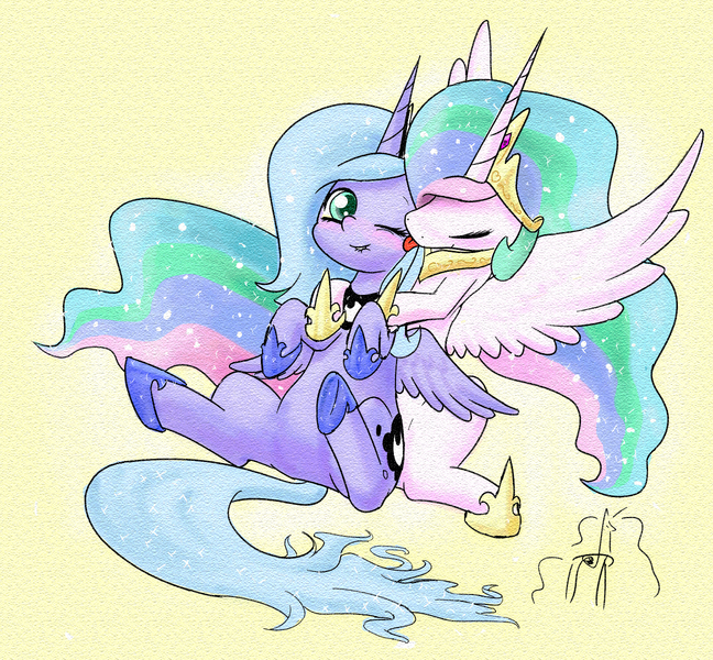 Size: 1296x1200 | Tagged: safe, artist:phoenixperegrine, derpibooru import, princess celestia, princess luna, hug, licking, royal sisters, s1 luna, spread wings, tongue out