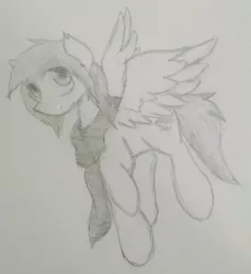 Size: 2432x2659 | Tagged: safe, artist:candel, derpibooru import, oc, oc:candlelight, unofficial characters only, pony, clothes, cute, flying, looking at you, monochrome, scarf, sketch, solo, traditional art