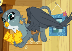 Size: 704x497 | Tagged: safe, derpibooru import, screencap, gabby, gryphon, the fault in our cutie marks, animated, butt shake, cute, floating, gabbybetes, gif, lantern, mailbag, painting, plot, solo