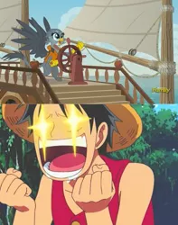 Size: 421x534 | Tagged: safe, derpibooru import, screencap, gabby, gryphon, the fault in our cutie marks, meme, monkey d luffy, one piece, ship