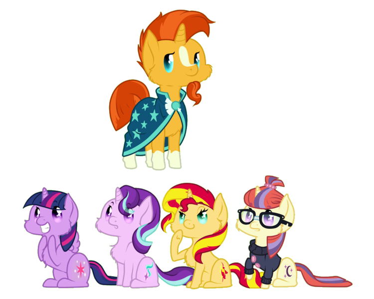 Size: 1000x800 | Tagged: safe, artist:dedonnerwolke, derpibooru import, moondancer, starlight glimmer, sunburst, sunset shimmer, twilight sparkle, twilight sparkle (alicorn), alicorn, pony, unicorn, chest fluff, chibi, fluffy, harem, male, shimmerburst, shipping, simple background, starburst, straight, sunburst gets all the mares, sundancer, transparent background, twiburst, twilight's counterparts