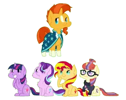 Size: 1000x800 | Tagged: safe, artist:dedonnerwolke, derpibooru import, moondancer, starlight glimmer, sunburst, sunset shimmer, twilight sparkle, twilight sparkle (alicorn), alicorn, pony, unicorn, chest fluff, chibi, fluffy, harem, male, shimmerburst, shipping, simple background, starburst, straight, sunburst gets all the mares, sundancer, transparent background, twiburst, twilight's counterparts