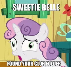 Size: 500x472 | Tagged: suggestive, derpibooru import, edit, edited screencap, screencap, sweetie belle, the fault in our cutie marks, caption, meme, text