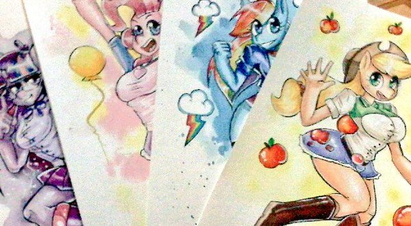 Size: 600x330 | Tagged: safe, artist:onat, derpibooru import, applejack, pinkie pie, rainbow dash, twilight sparkle, twilight sparkle (alicorn), anthro, hybrid, equestria girls, apple, boots, bracelet, breasts, busty applejack, busty pinkie pie, busty rainbow dash, busty twilight sparkle, clothes, compression shorts, cowboy hat, cutie mark, denim skirt, equestria girls outfit, female, food, glasses, hat, irl, jewelry, miniskirt, paper, photo, pinup, pleated skirt, shoes, shorts, skirt, socks, stetson, table, thighs, traditional art, watercolor painting, wip