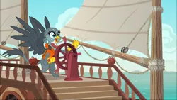 Size: 1920x1080 | Tagged: safe, derpibooru import, screencap, gabby, gryphon, the fault in our cutie marks, cute, gabbybetes, lifejacket, ocean, sailing, ship, solo