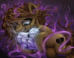 Size: 1024x811 | Tagged: grimdark, artist:genbulein, derpibooru import, oc, oc:heartbreak, unofficial characters only, earth pony, pony, blue eyes, branding, corrupted, crystal heart, dark magic, evil, evil grin, female, grin, heart, human in equestria, human to pony, magic, male to female, mare, messy mane, miasma, my little heartbreak, ooze, rule 63, smiling, solo, teeth