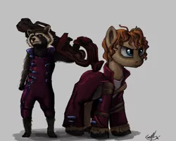 Size: 1024x818 | Tagged: safe, artist:genbulein, derpibooru import, oc, oc:heartbreak, earth pony, pony, raccoon, bipedal, branding, brown eyes, clothes, cosplay, costume, crossover, cyan eyes, duo, female, guardians of the galaxy, gun, heart, human in equestria, human to pony, male to female, mare, messy mane, my little heartbreak, rocket raccoon, rule 63, serious face, star-lord, weapon
