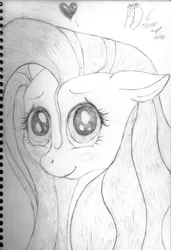Size: 1708x2500 | Tagged: artist:kayosdrive, blushing, derpibooru import, fluttershy, heart, looking at you, monochrome, safe, sketch, solo