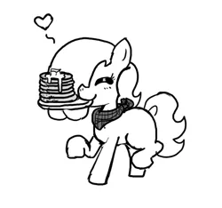 Size: 640x600 | Tagged: safe, artist:ficficponyfic, derpibooru import, oc, oc:emerald jewel, unofficial characters only, colt quest, breakfast, breakfast in bed, butter, child, colt, cute, eyes closed, foal, food, heart, male, monochrome, mouth hold, pancakes, plate, solo, story included, trotting, walking