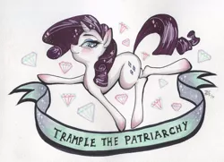 Size: 800x578 | Tagged: safe, artist:d0nkarnage, derpibooru import, rarity, pony, unicorn, banner, feminism, feminist ponies, image, jpeg, looking at you, mouthpiece, patriarchy, politics, solo, subversive kawaii, traditional art