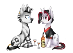 Size: 2733x1974 | Tagged: safe, artist:scarlet-spectrum, derpibooru import, oc, oc:ace high, oc:haefen, unofficial characters only, pony, unicorn, zebra, alcohol, bottle, clothes, commission, duo, glass, simple background, sitting, transparent background, wavy mouth, whiskey