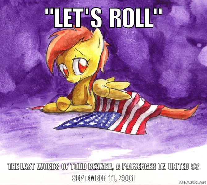 Size: 1000x897 | Tagged: 9/11, artist:matugi, derpibooru import, flag, image macro, in memoriam, last words, meme, politics, quote, safe, solo, spitfire, traditional art, tragic backstory, united 93, united airlines, watercolor painting