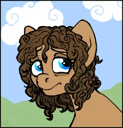 Size: 724x754 | Tagged: safe, artist:twiggy doodle, derpibooru import, oc, oc:heartbreak, unofficial characters only, earth pony, pony, blue eyes, cloud, female, frown, grass, human in equestria, human to pony, male to female, mare, messy mane, my little heartbreak, rule 63, sad, sky, solo