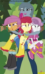 Size: 1137x1861 | Tagged: safe, artist:conikiblasu-fan, derpibooru import, apple bloom, gabby, scootaloo, sweetie belle, equestria girls, the fault in our cutie marks, boots, bow, clothes, cutie mark crusaders, equestria girls interpretation, equestria girls-ified, hoodie, hug, open mouth, pants, pouting, scene interpretation, shoes, shorts, skirt, this will end in pain, tight