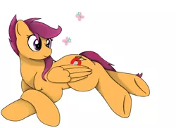 Size: 550x400 | Tagged: safe, artist:onyxpenstroke, derpibooru import, scootaloo, butterfly, alternate cutie mark, cute, lying down, older, simple background, small head, smiling, solo, white background