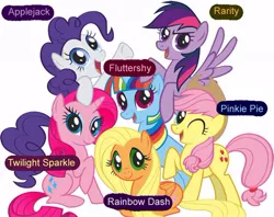 Size: 564x447 | Tagged: applejack, blatant lies, derpibooru import, fluttershy, mane six, mane six opening poses, one eye closed, open mouth, pinkie pie, prone, rainbow dash, raised hoof, rarity, recolor, safe, simple background, sitting, smiling, smirk, spread wings, twilight sparkle, wat, white background, wink, xk-class end-of-the-world scenario