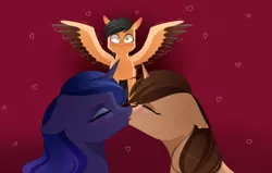 Size: 1024x650 | Tagged: suggestive, artist:chiweee, derpibooru import, princess luna, oc, oc:playbitz, oc:siren bliss, pony, canon x oc, female, french kiss, kissing, lesbian, mare, shipping, sirenbitz, wingboner