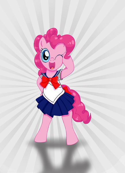 Size: 2372x3276 | Tagged: dead source, safe, artist:shogundun, derpibooru import, pinkie pie, pony, bipedal, clothes, cosplay, costume, crossover, cute, diapinkes, one eye closed, open mouth, sailor laughter, sailor moon, solo, sunburst background, wink