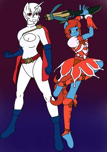 Size: 850x1200 | Tagged: anthro, anthro oc, artist:linedraweer, commission, crossover, derpibooru import, gun, hero, heroes, oc, oc:altima, oc:sureibu, power girl, safe, size difference, superhero, unofficial characters only, weapon