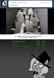 Size: 666x950 | Tagged: artist:egophiliac, bowtie, derpibooru import, filly, hat, leaderboard, monochrome, moonstuck, princess luna, safe, solo, toaster, top hat, unamused, video game, woona, younger