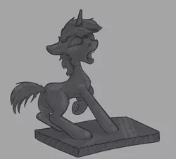 Size: 2500x2271 | Tagged: safe, artist:dombrus, derpibooru import, oc, oc:socks, unofficial characters only, pony, unicorn, frog (hoof), hoofbutt, horror, image, inanimate tf, male, petrification, png, solo, stallion, statue, transformation, underhoof