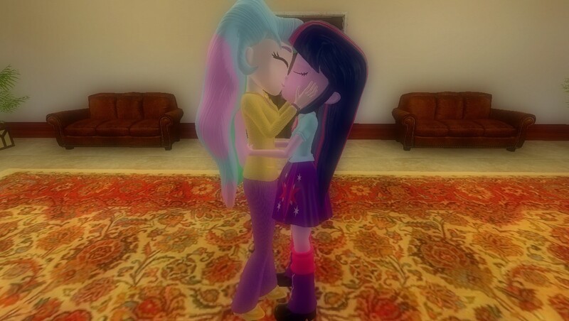 Size: 1360x768 | Tagged: safe, artist:mk513, derpibooru import, princess celestia, twilight sparkle, twilight sparkle (alicorn), equestria girls, 3d, female, gmod, kissing, lesbian, principal celestia, shipping, twilestia