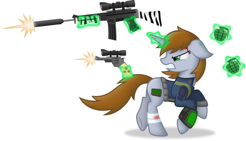 Size: 6000x3452 | Tagged: safe, artist:starlessnight22, derpibooru import, oc, oc:littlepip, unofficial characters only, pony, unicorn, fallout equestria, fanfic, angry, bandage, blood, clothes, crossover, fanfic art, female, floppy ears, glowing horn, grenade, gritted teeth, gun, gunshot, handgun, hooves, horn, levitation, little macintosh, magic, mare, optical sight, pipbuck, pistol, plot, revolver, rifle, running, simple background, solo, teeth, telekinesis, transparent background, vault suit, vector, weapon, zebra rifle