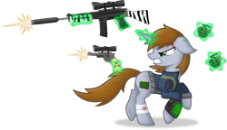 Size: 6000x3452 | Tagged: safe, artist:starlessnight22, derpibooru import, oc, oc:littlepip, unofficial characters only, pony, unicorn, fallout equestria, fanfic, angry, bandage, blood, clothes, crossover, fanfic art, female, floppy ears, glowing horn, grenade, gritted teeth, gun, gunshot, handgun, hooves, horn, levitation, little macintosh, magic, mare, optical sight, pipbuck, pistol, plot, revolver, rifle, running, simple background, solo, teeth, telekinesis, transparent background, vault suit, vector, weapon, zebra rifle