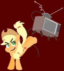 Size: 276x308 | Tagged: safe, artist:threetwotwo32232, derpibooru import, applejack, earth pony, pony, bucking, cowboy hat, cutie mark, elroy, female, hat, hooves, lineless, mare, percussive maintenance, simple background, smiling, solo, television