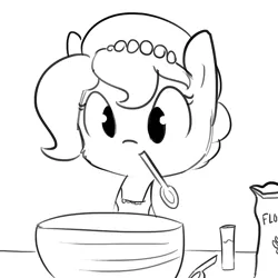 Size: 1100x1100 | Tagged: safe, artist:tjpones, derpibooru import, oc, oc:brownie bun, unofficial characters only, earth pony, pony, horse wife, apron, black and white, bowl, clothes, cooking, flour, grayscale, monochrome, mouth hold, simple background, solo, spoon, this will end in fire, this will end in tears and/or breakfast, white background